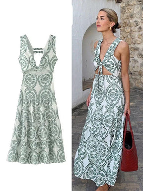 Vestido Midi Casual  Estampado  Cut Out e Amarração Moderna Verano