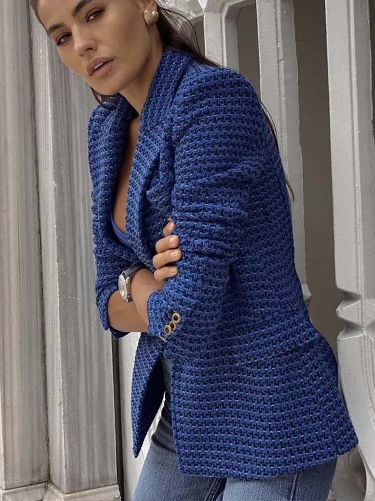 Blazer Feminino Alongado Tweed Xadrez Azul Tarsíla