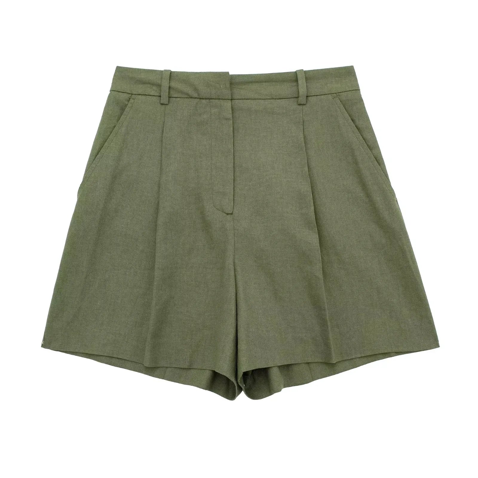 Moderna Maevy - Conjunto Feminino Alfaiataria Short e Colete Verde Militar em Linho