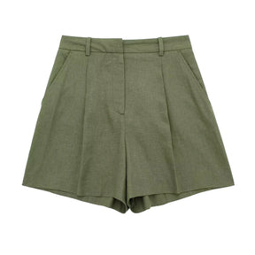 Moderna Maevy - Conjunto Feminino Alfaiataria Short e Colete Verde Militar em Linho