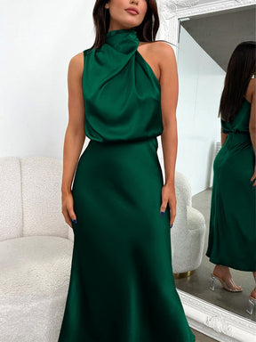 Moderna Allure - Vestido Longo de Festa Drapeado em Cetim Verde