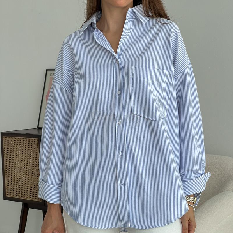 Camisa Feminina Manga Longa Listrada Azul e Branco Oversized