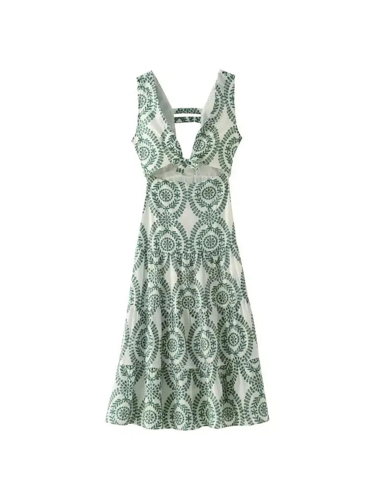 Vestido Midi Casual  Estampado  Cut Out e Amarração Moderna Verano