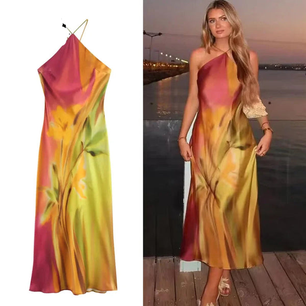 Vestido Midi Elegante Alcinha Halter Tie Dye Moderna Luna