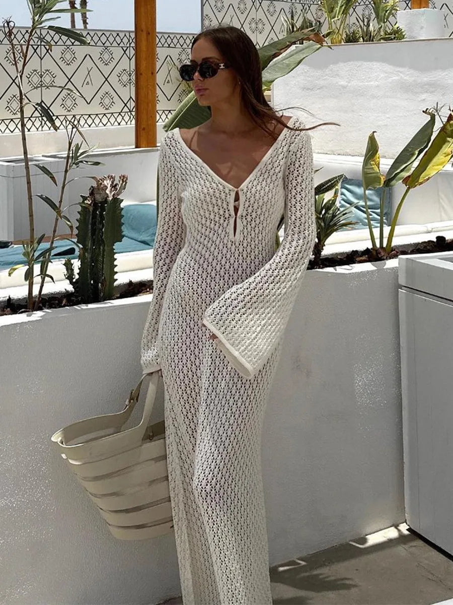 Saída de Praia Vestido Longo Branco Elegante  Moderna Riviera