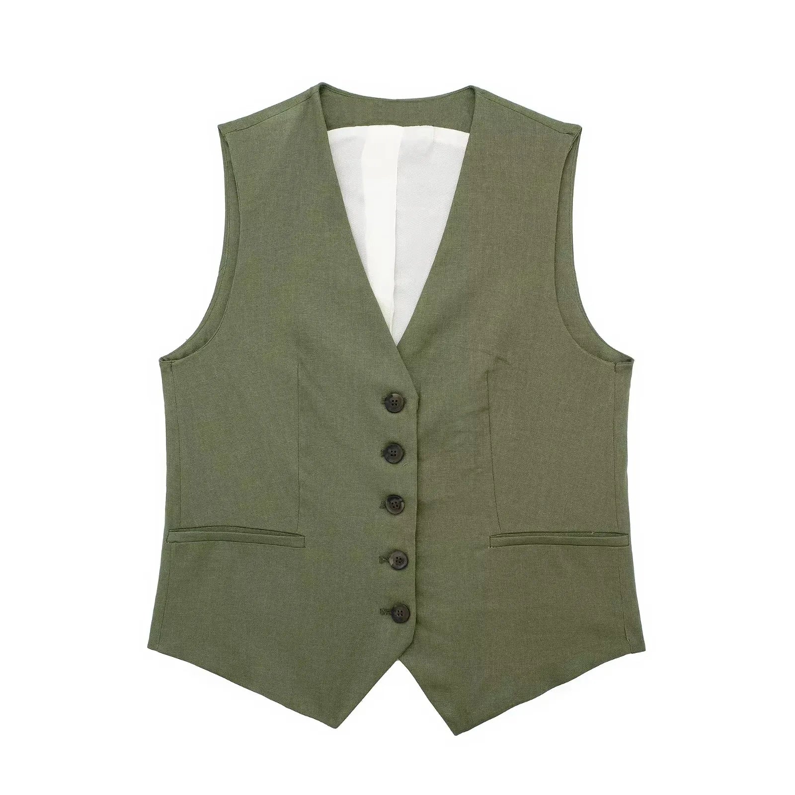 Moderna Maevy - Conjunto Feminino Alfaiataria Short e Colete Verde Militar em Linho