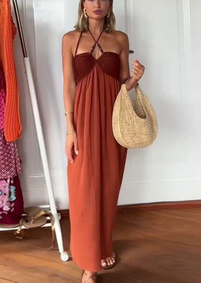 Vestido Longo Halter Amarração no Pescoço Bojo Crochê