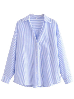 Camisa Feminina Listrada Moderna Azul e Branco Manga Longa - Ocean