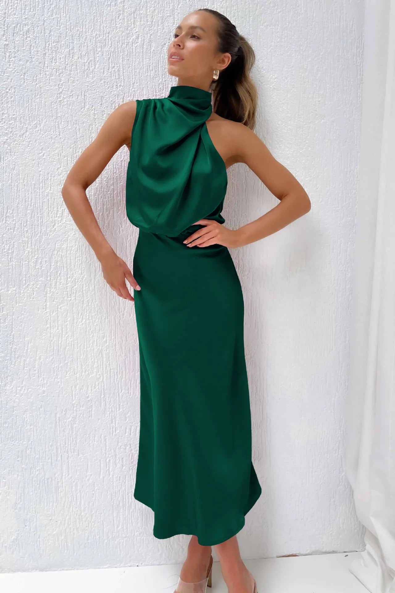 Moderna Allure - Vestido Longo de Festa Drapeado em Cetim Verde