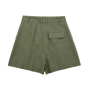 Moderna Maevy - Conjunto Feminino Alfaiataria Short e Colete Verde Militar em Linho