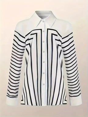 Camisa Feminina Manga Longa Listras Assimétrica Moderna Chic