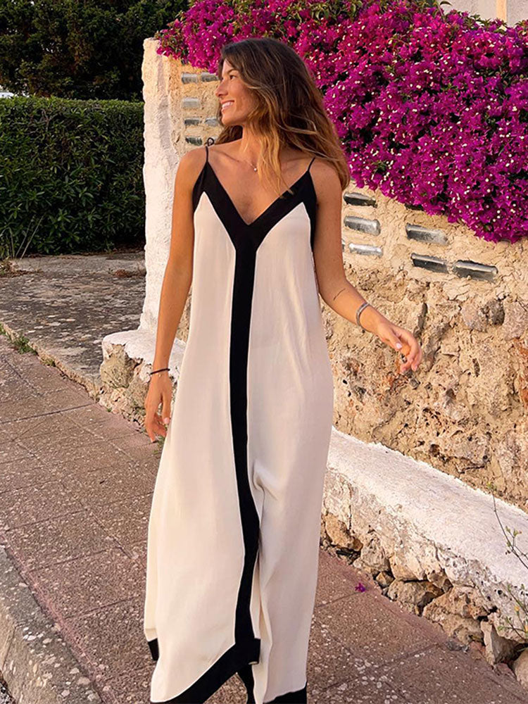 Vestido Longo Elegante Alça Fina Decote V Slip Dress - Primavera Verão