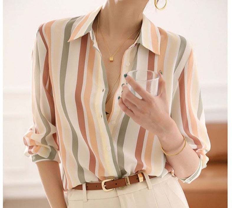 Camisa Feminina Elegante Manga Longa Listrada Slim