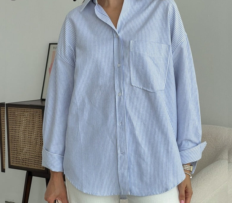 Camisa Feminina Manga Longa Listrada Azul e Branco Oversized